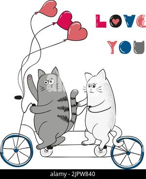 Niedliche Katzen in der Liebe. „Love You“-Schriftzug. Romantischer Hintergrund. Valentinstag-Design.`s Zwei Zeichentrickkatzen auf dem Fahrrad Stock Vektor